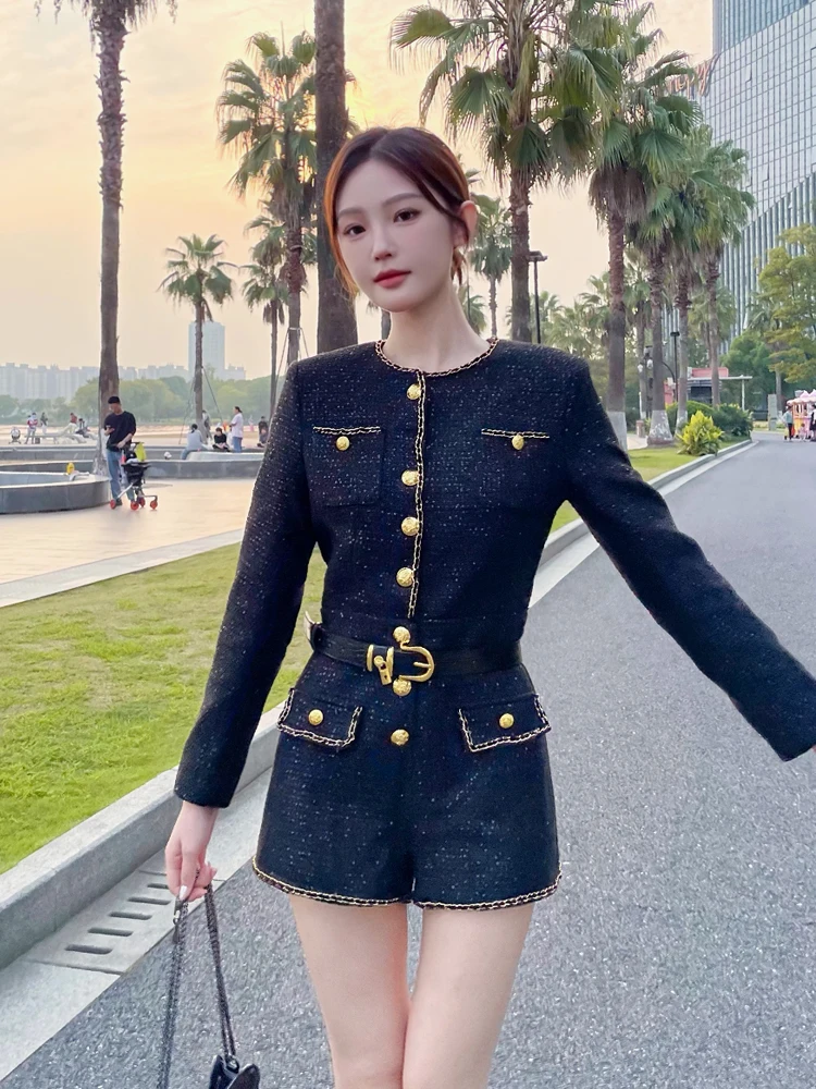 

Bla Gold-d One-Piece Pants for Women 2025 Spring Autumn Sle Tailored Tweed Metal Bule Long Sve Jumpsuit