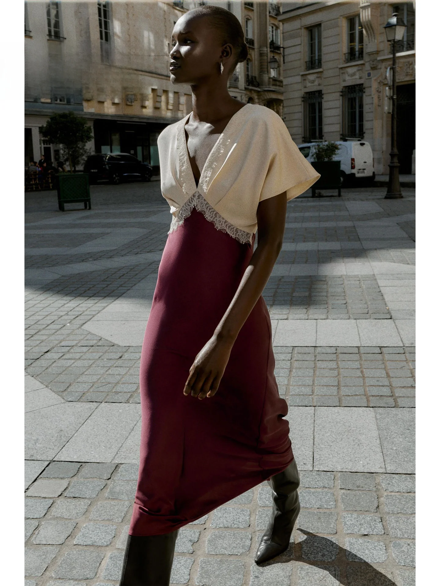 ZAPRHA2025 خريف جديد Sle V-ne الدانتيل الربط الحرير الساتان الملمس ميدي الدكتور عالية الخصر ort Sve Ci تخفيف مناسبة #3