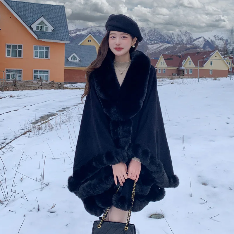 New Winter Thicken Wool Full Trims Faux Fur Cape - Women's Hooded Loose Fleece Cloak Coat Party Dress Wraps Warm