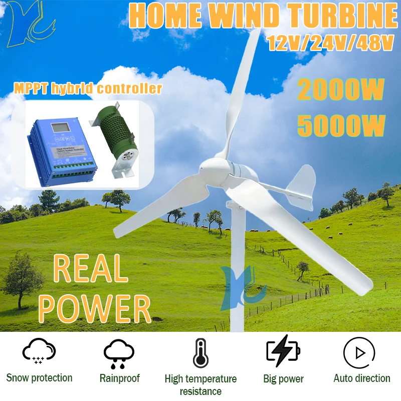 

China Factory 5KW Horizontal Axis Wind Power Turbine 2000W 5000W 12V 24V 48V Free Energy 2KW Windmill With MPPT For Home Farm