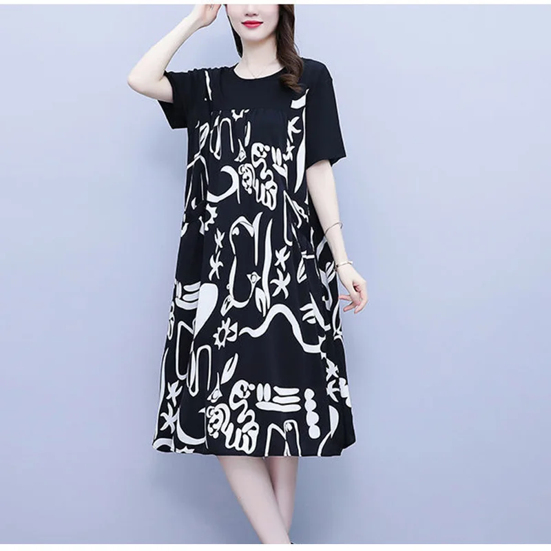 Fashion O-Neck Printed Spliced Loose Folds Fake Two Pieces Midi Dress Women's Clothing 2023 Summer New Oversized Casual Dresses