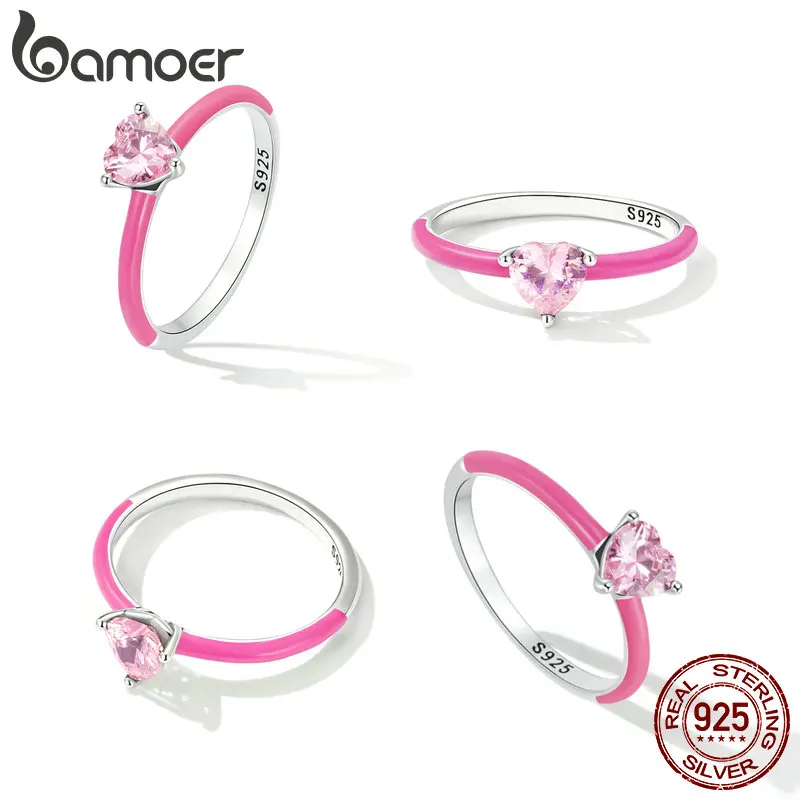 Bamoer 925 Sterling Silver Exquisite Square Shining Pink-Heart cyrkon pierścień dla kobiet eleganckie zespoły pasujące prezenty ślubne dla nowożeńców