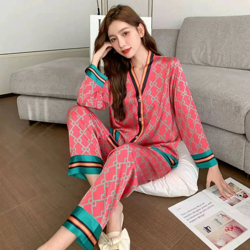 Light Luxury Geometric Stain Pajamas Set Women Spring Autumn Long Sleeve Singer Breast Elegant Silk Home Suit for Women Outfit