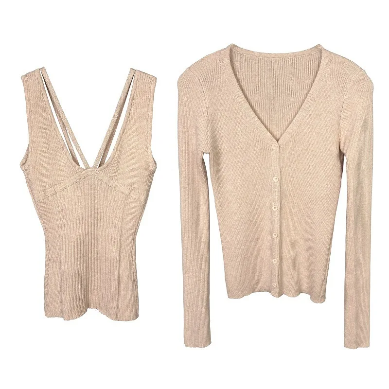 Korean Slim Versatile Sexy Camisole + Long Sleeve Cardigan Knitted Two-Piece Set For Women Shirts Tees T Shirt Tops 9DLO