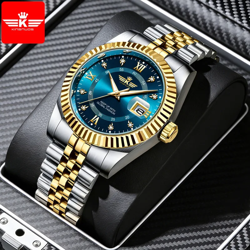Men Quartz Watch Roman Numeral Diamond Embellished Male Business Wristwatch Calendar Steel Band Luminous Waterproof Watches