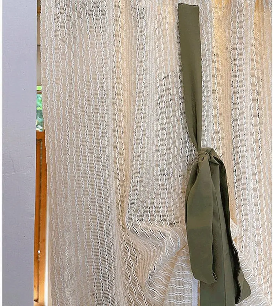 1 Panel 100cm Width Tie Up Adjustable Balloon Rod Pocket Sheer Curtain Wave Patterned Embroidered Curtain with Spherical Lace