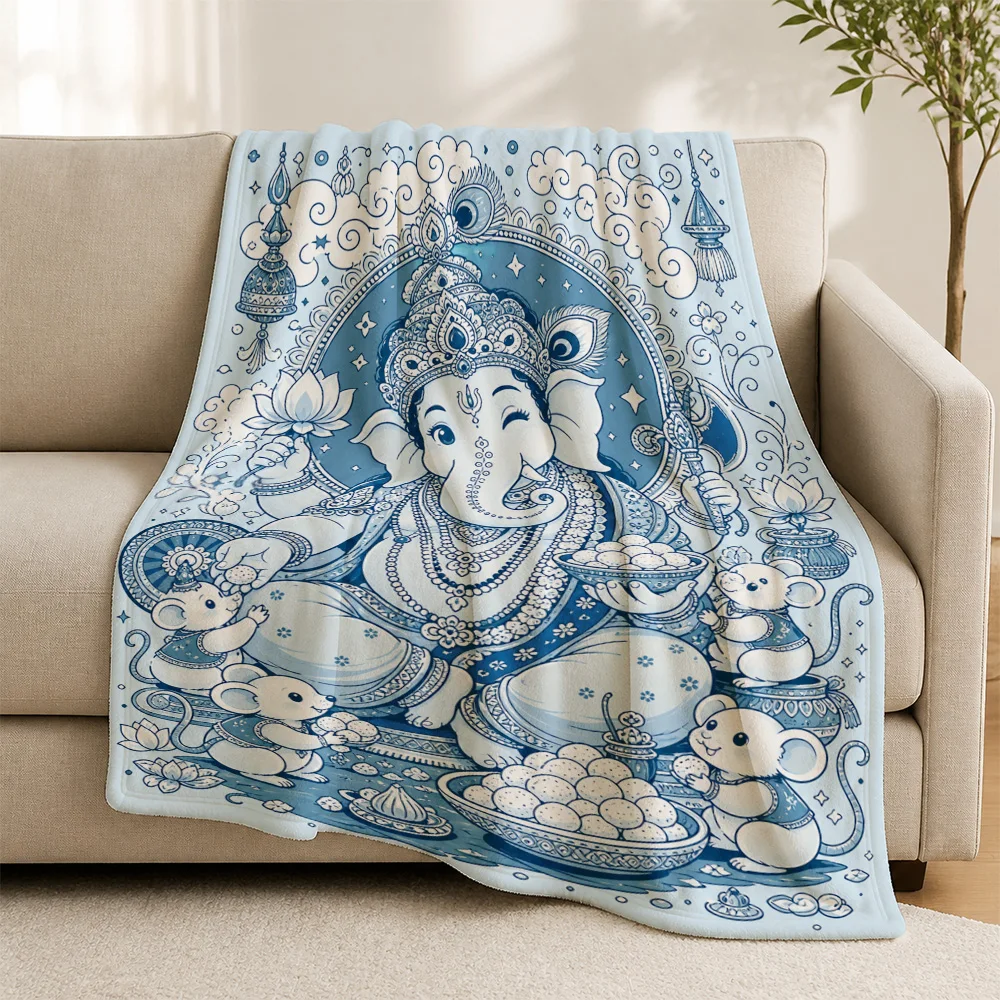 Large Ganesha Elephant God Throw Blanket Blue and White Indian Home Decor Couch Sofa Throw Nap Spread Hindu Mythology Spiritual