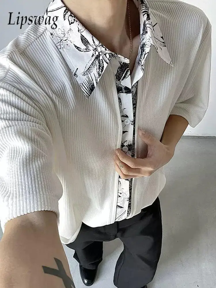 

Vintage Floral Print Patchwork Shirts Men Short Sleeve Button Slim Casual Shirts Summer Stylish Mens Short Sleeve Textured Shirt