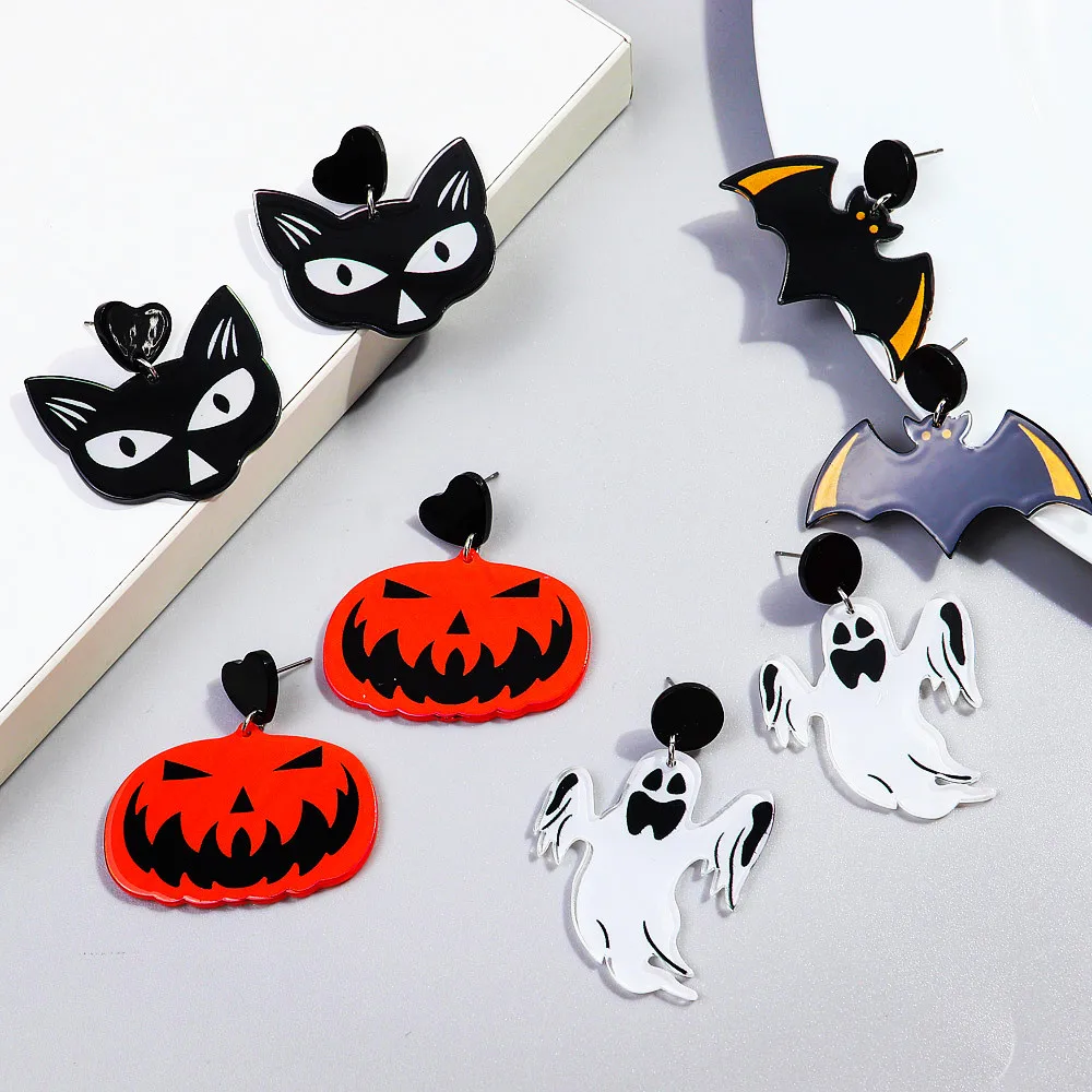 New Halloween Black Cat Bat Spooky Acrylic Earrings for Women Creepy Gothic Cartoon Ghost Pumpkin Dangle Earring Party Jewelry