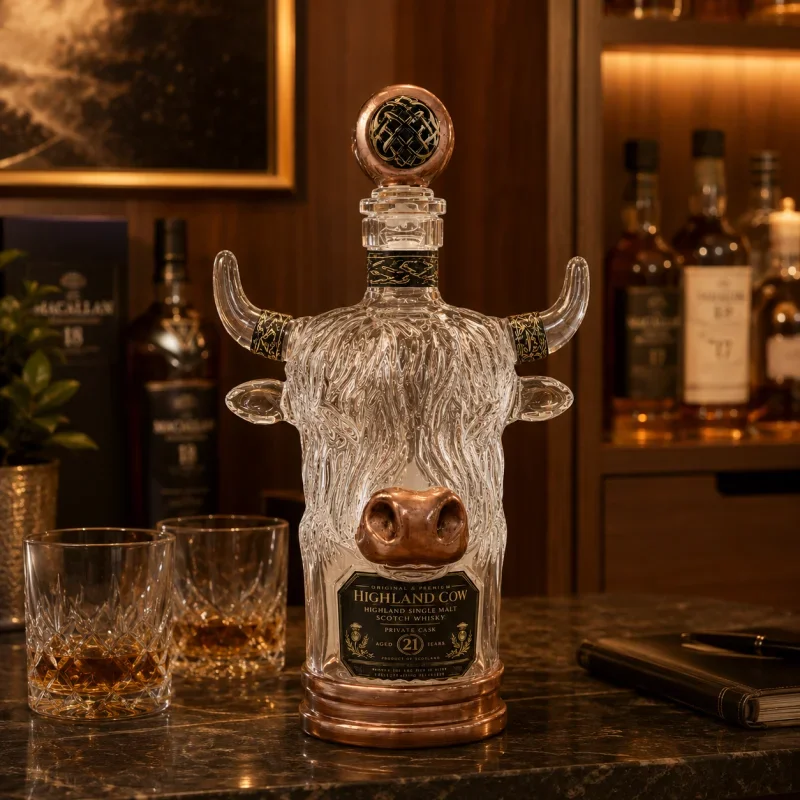 3D Highland Cow Crystal Whiskey Decanter With Gift Box Decorative Bourbon Scotch Liquor Bottle Unique Collectible Bar Decor Gift