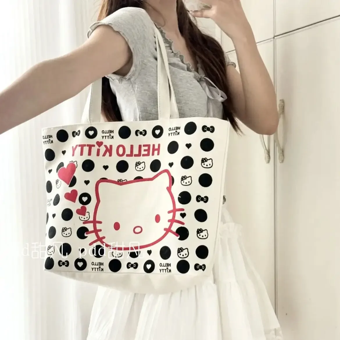 Miniso-Bolsa de Ombro Hello Kitty para Mulher, Cartum Kawaii, Bolsa Cosmética, Casual, Grande Capacidade, Bolsa de Compras