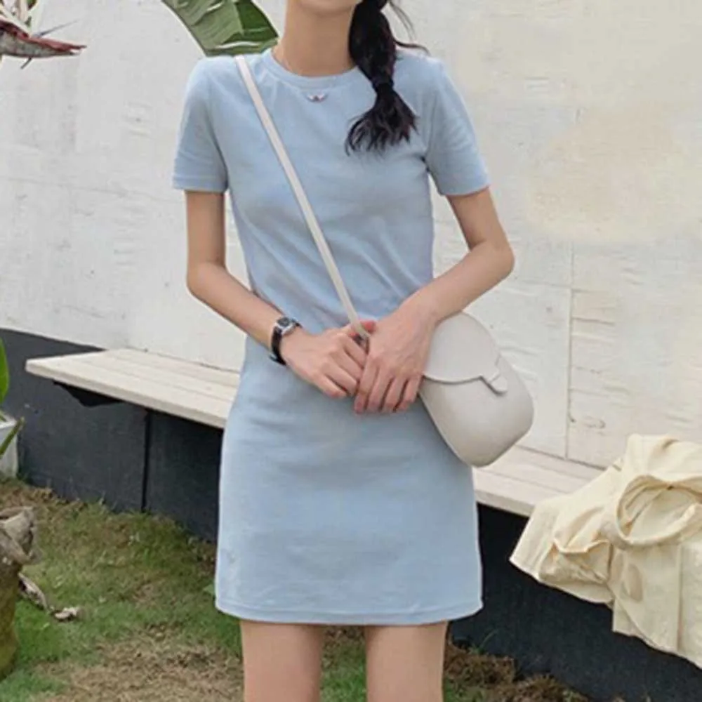 فستان تي شيرت نسائي صيفي قصير الأكمام بألوان الحلوى - فستان بوليستر متوسط الطول للارتداء الكاجوال، مقاسات من M إلى 2XL