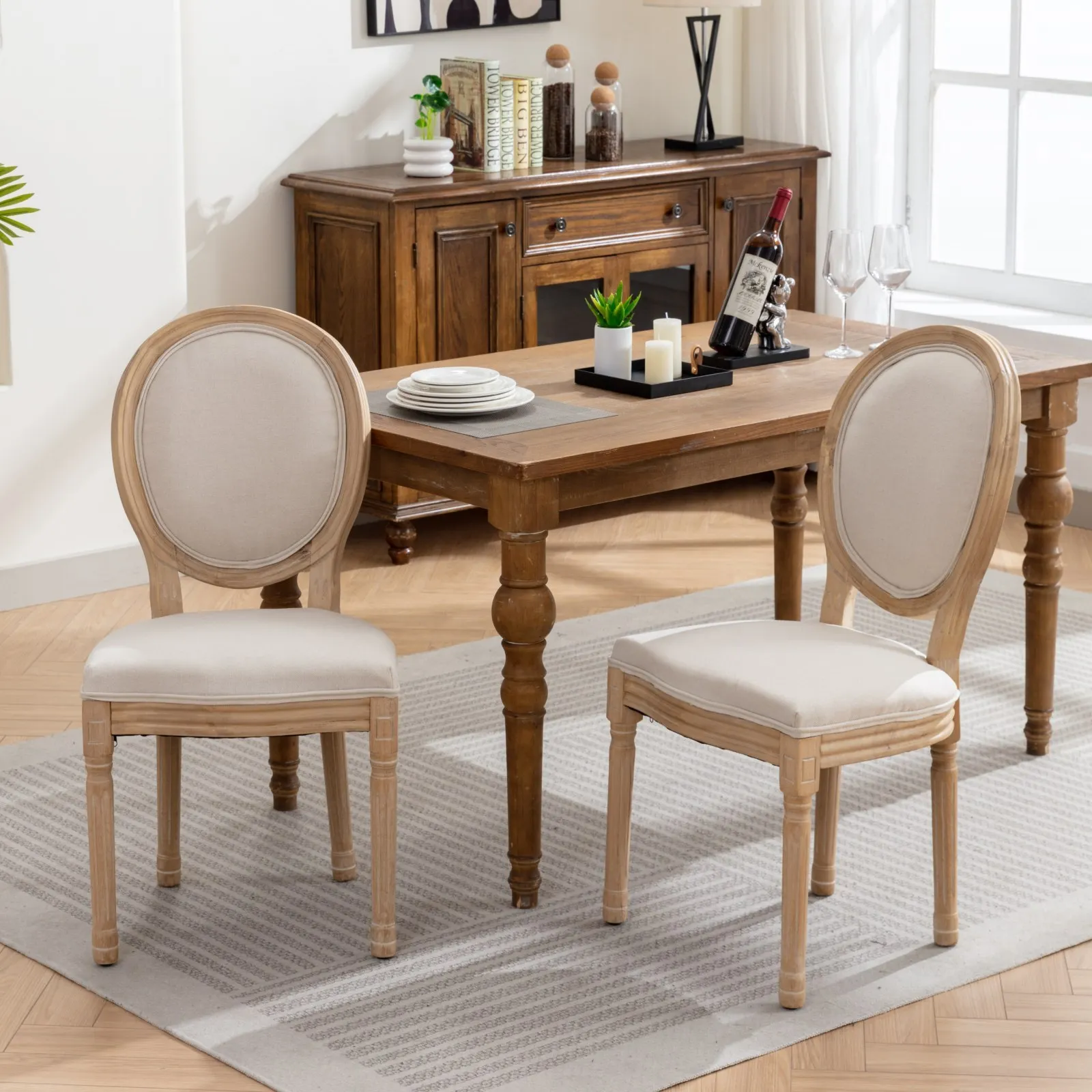 Massivholzrahmen im französischen Stil, Esszimmerstuhl mit antik bemaltem Leinenstoffrücken, 2er-Set, Beige
