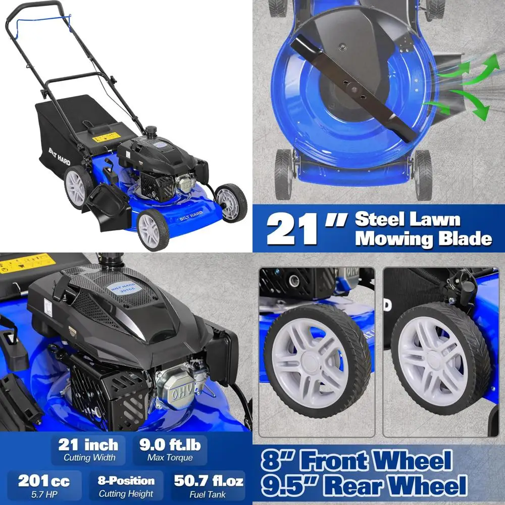 Cortador de grama a gás de 21 polegadas com motor de 4 ciclos 201cc, capacidade 3 em 1: ensacamento, mulching e descarga lateral