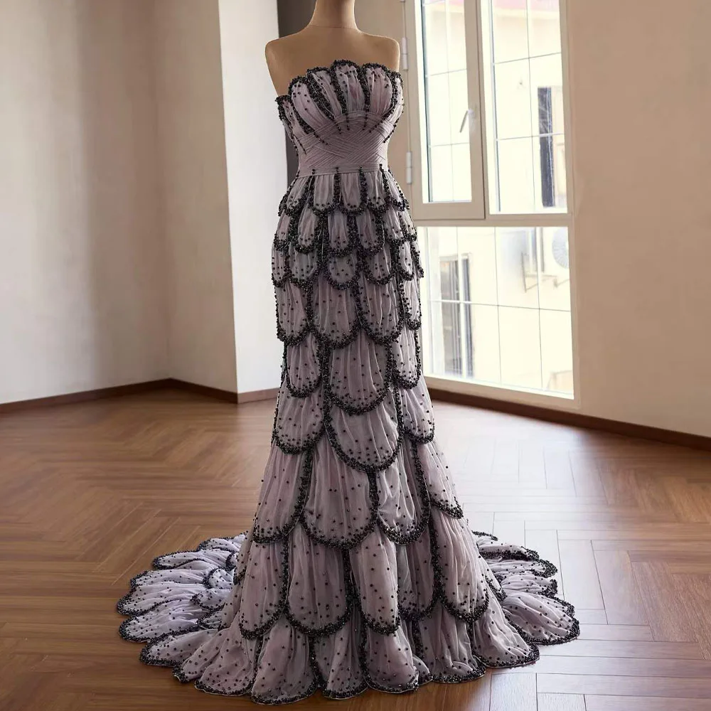 2026 Customizable Strapless Sleeveless Evening Dress Lace Up Back Beading Elegant Prom Dress