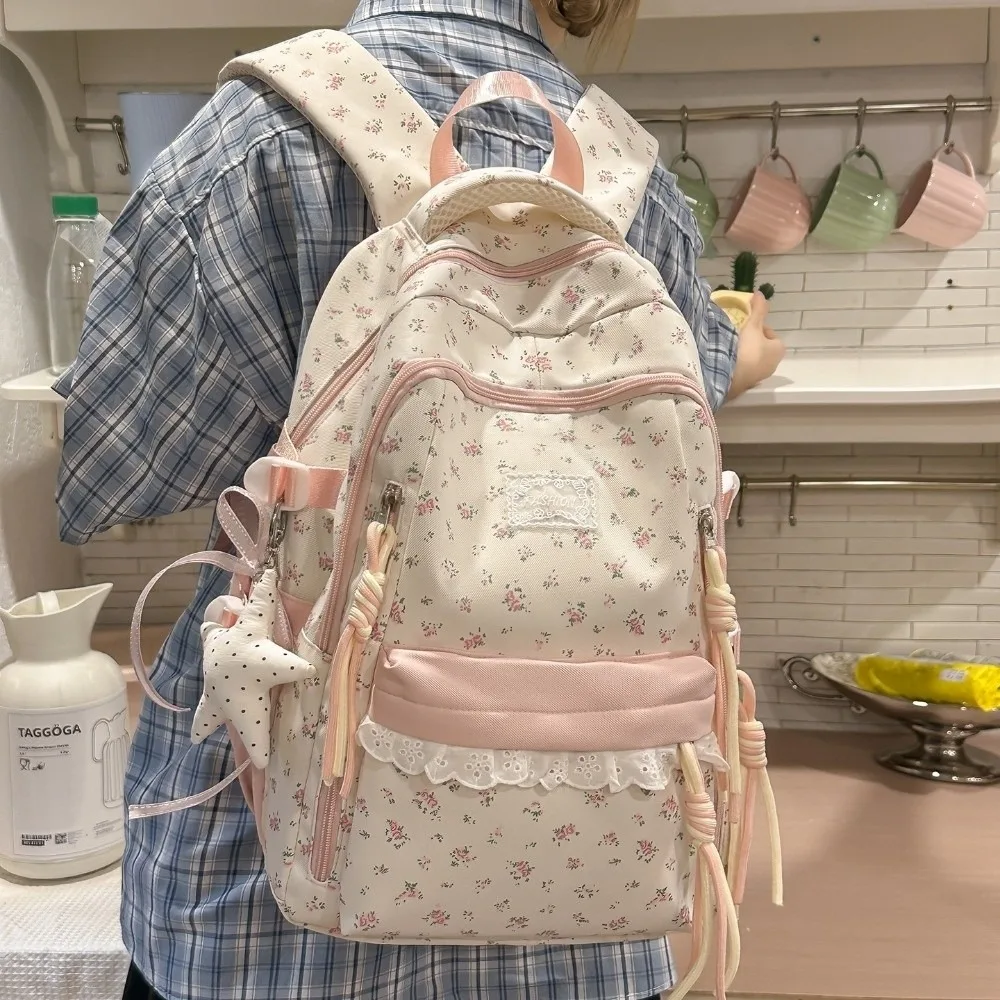 Lace Decor Floral Print Backpack Large Capacity Ultra Lightweight School Bag Fresh Aesthetic Star Pendant Daypack Back To School