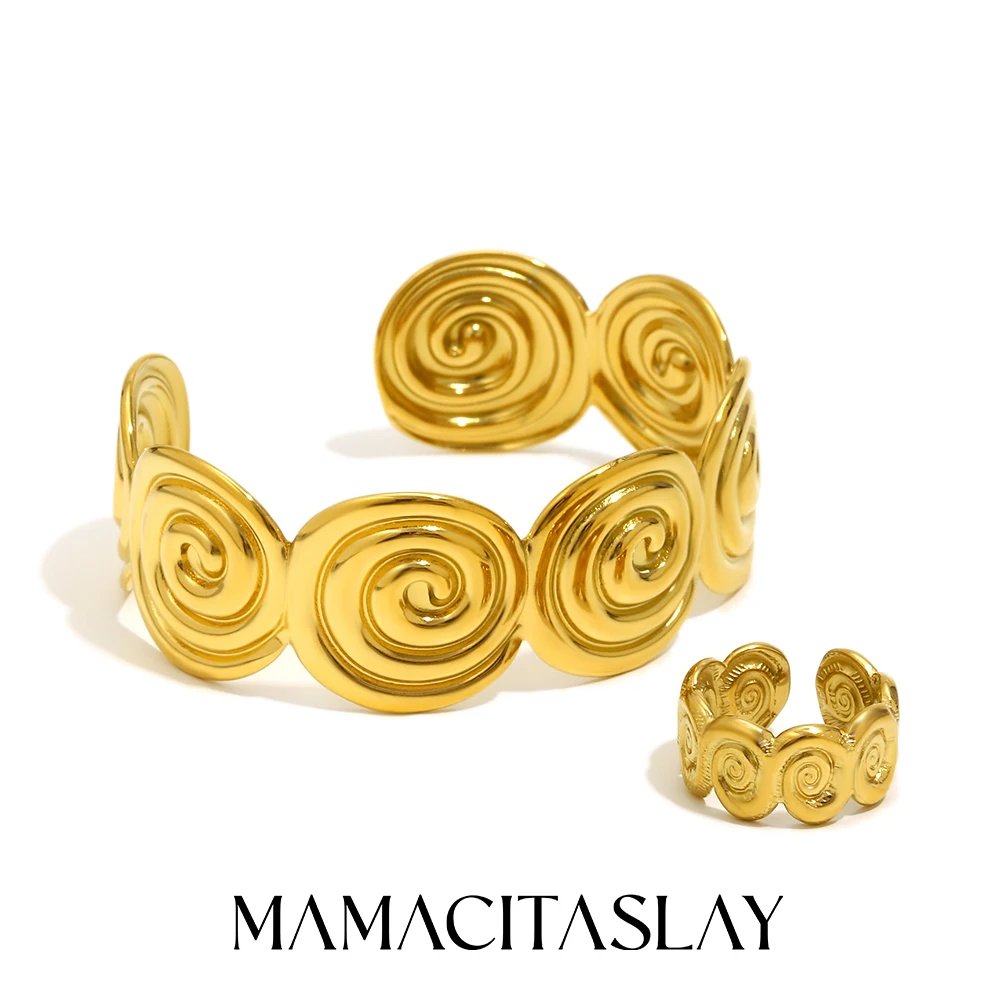 MamacitaSlay 316L Edelstahl Texturiertes Spiral-Armreif- und Ring-Set, 18K Vergoldet, Wasserfester Schmuck für Damen, Party