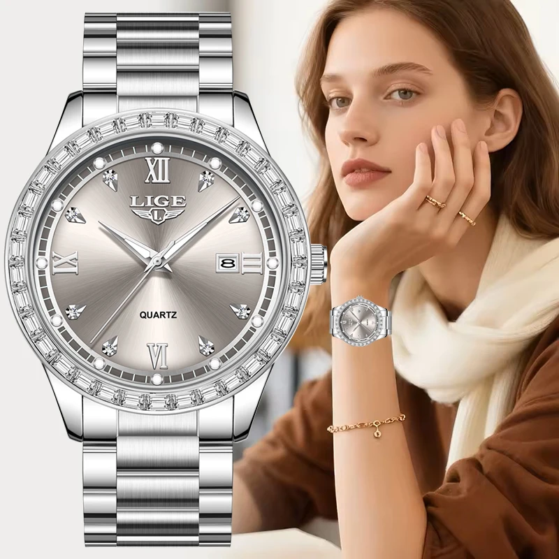 

LIGE новые дизайнерские часы с серым бриллиантовым циферблатом для женщин, модные водонепроницаемые светящиеся женские кварцевые часы, простые элегантные часы-браслет