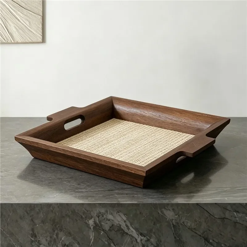 Retro Solid Wood Tray with Hand Woven Leather Decorative Box for Tea Serving Creative Desktop Storage Organizer Living Room
