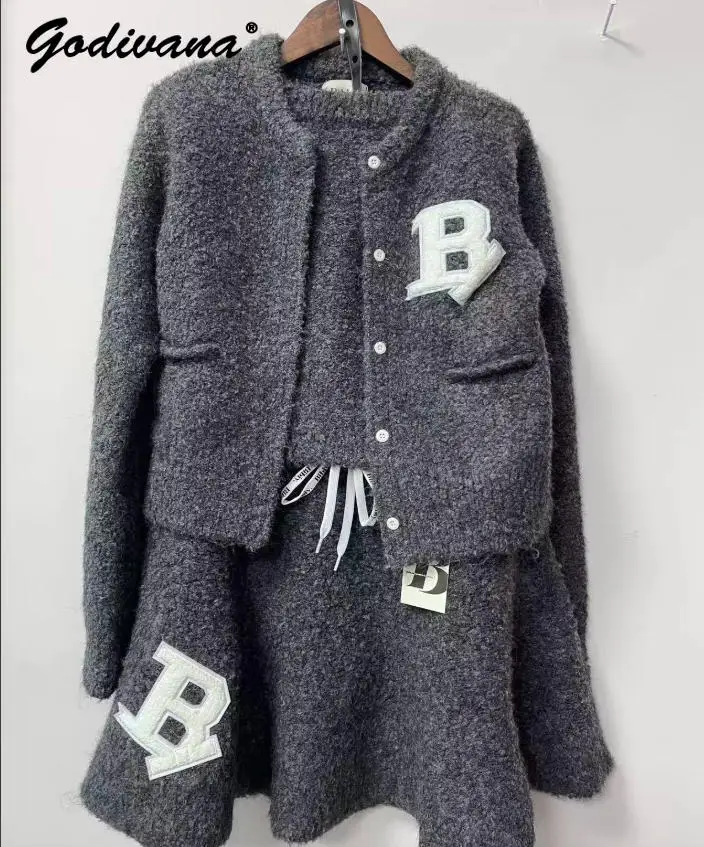 Japanese Style New Autumn and Winter Simple Letter Women's Round Collar Knit Cardigan Coat and Skirt Casual Sweater Sets