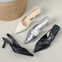 Comfort Shoes for Women Luxury Sandals Suit Female Beige 2024 Summer High Heels Silver Fashion Black Pointed Low High-heeled Gir