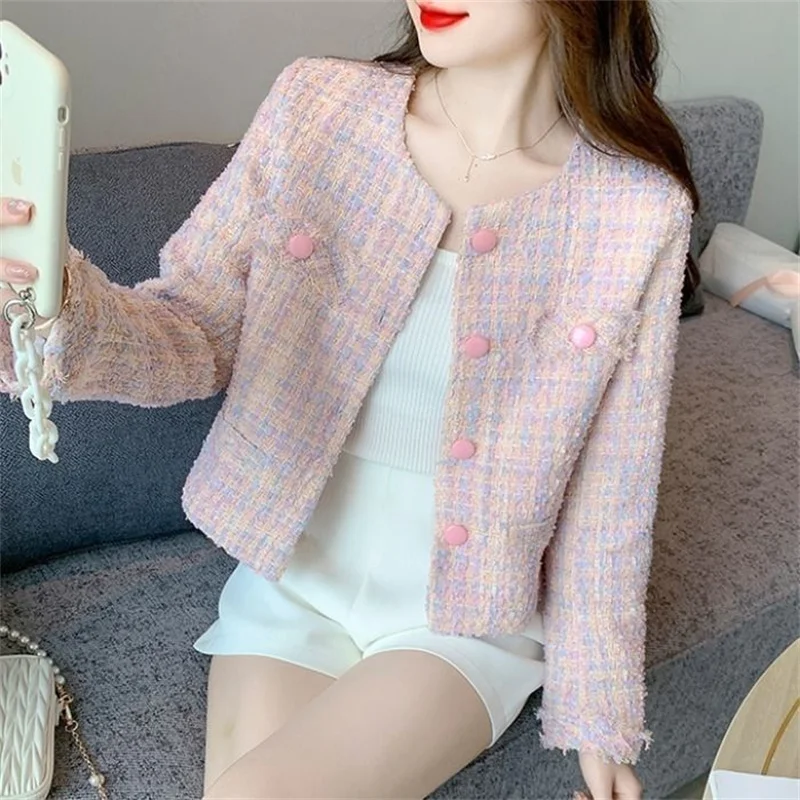 Women\'s Jacket 2024 Spring Autumn New Pink Tweed Small Fragrance Coat Short Jacket Korean Fashion Elegant Female Outerwear Tops