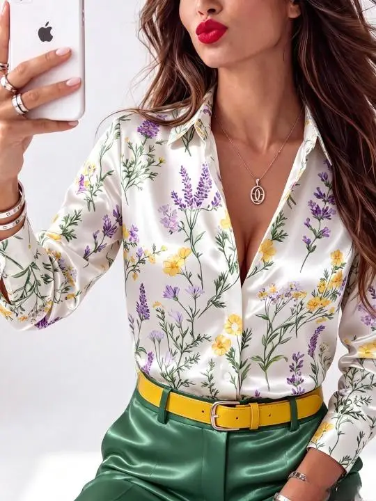Women Long Sleeve Button‑Up Shirt All‑Over Floral Print Turn‑Down Collar Satin Look Casual Blouse Tops