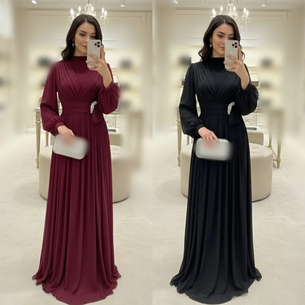 

Customized Chiffon Classic High Collar Pleat A-line Long Dresses Bespoke Occasion Women's Evening Dress Elegant Wedding Guest