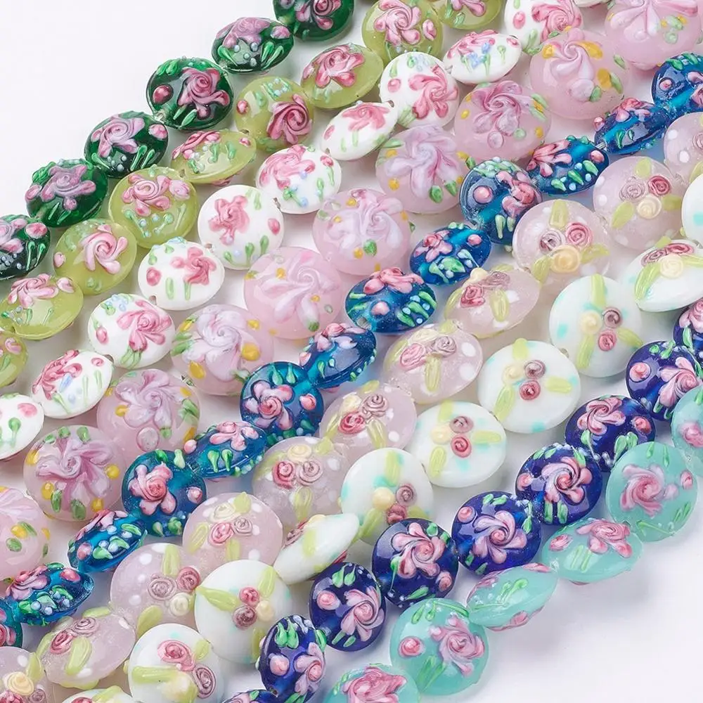 

24pcs Handmade Bumpy Lampwork Beads Flat Round with Flower Beads for DIY Bracelet Jewelry Making Accessories 17~20.5x10~14mm