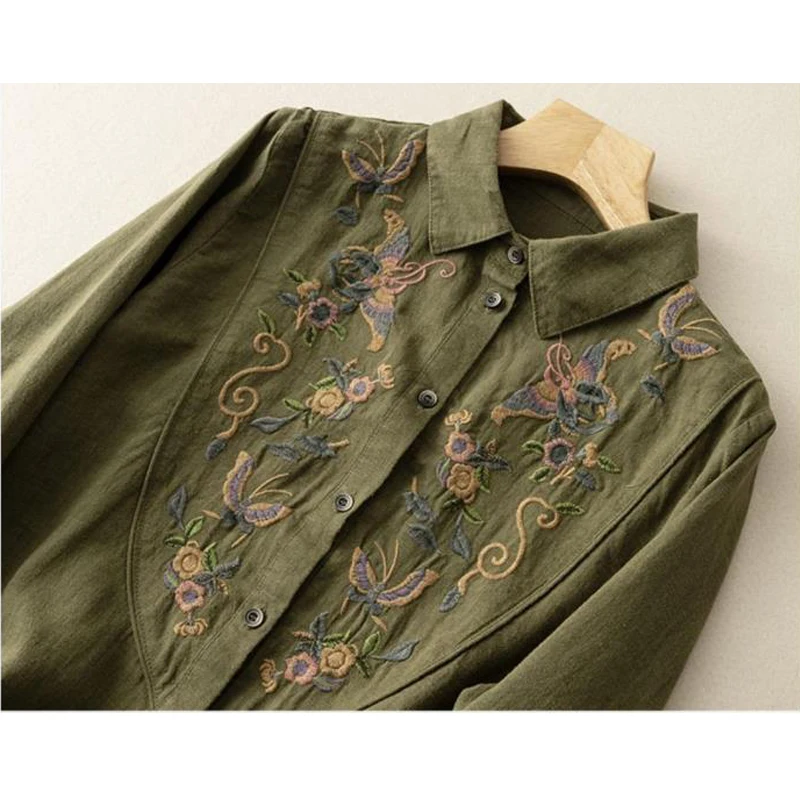 Women's Vintage Embroidery Cotton Linen Shirt Autumn Lapel Long Sleeve Irregular Blouse Casual Loose Chic Tops Blusas Para Mujer