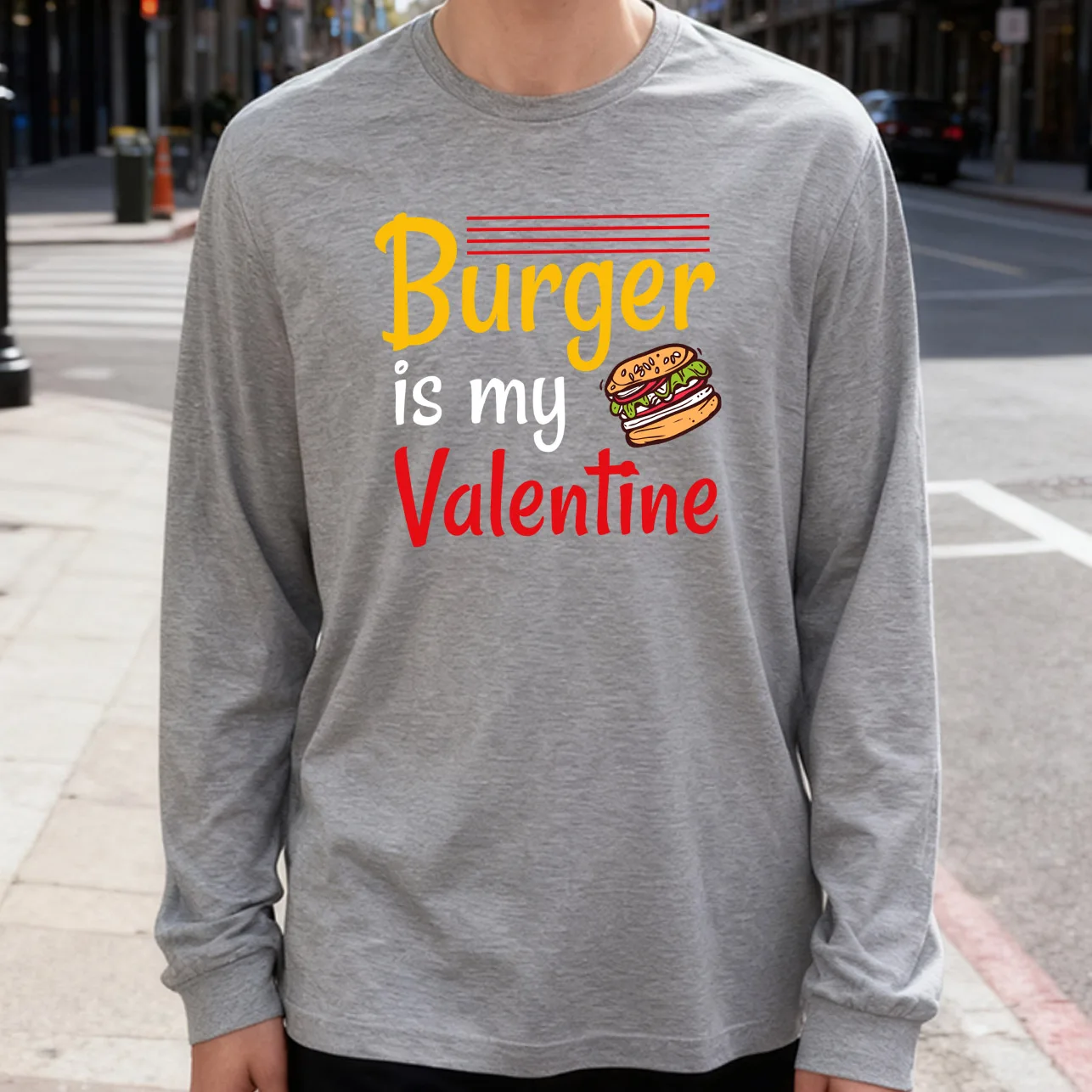 Burger Is My Valentine Men's Long Sleeve Tee 100% Cotton 180g Crew Neck Casual Daily Style Soft and Breathable