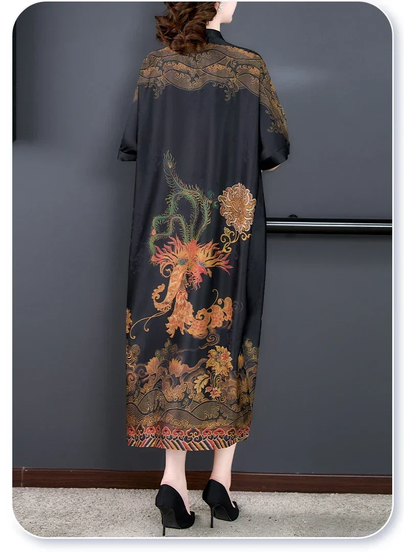 

2023 Summer New Silk Short Sleeve Vintage Print Dress High Grade Elegant Loose Large Slim Long Dress Chinoiserie Cheongsam Dress