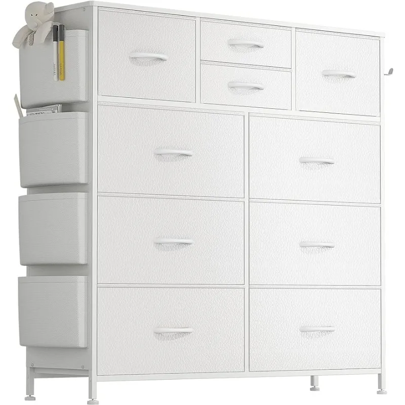 

Chest of Drawers for Bedroom with Side Pockets and Hooks, PU Storage Dresser, Sturdy Steel Frame, Wood Top Makeup Vanity