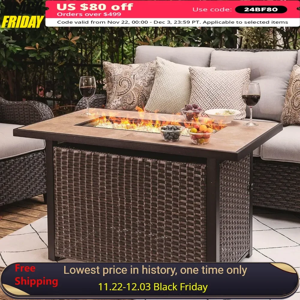 43-Inch Fire Pit Table, Ceramic Tabletop, Oxford Cover, 7 Lbs Glass Stone, CSA Certified, 50000BTU Outdoor Propane Gas Fire Pit