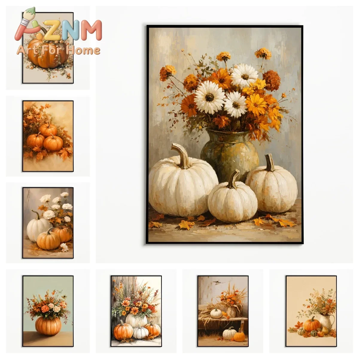 1PC Autumn Pumpkin Flower Poster  Thanksgiving Rural Harvest Wall Art  Retro Halloween Decoration Canvas Printing Fall Gift