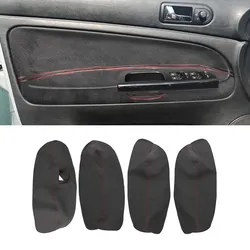 4pcs For VW Passat B5 1998 1999 2000 2001 2002 2003-2005 Car Interior Door Armrest Panel Cover Trim Suede Leather Red Thread