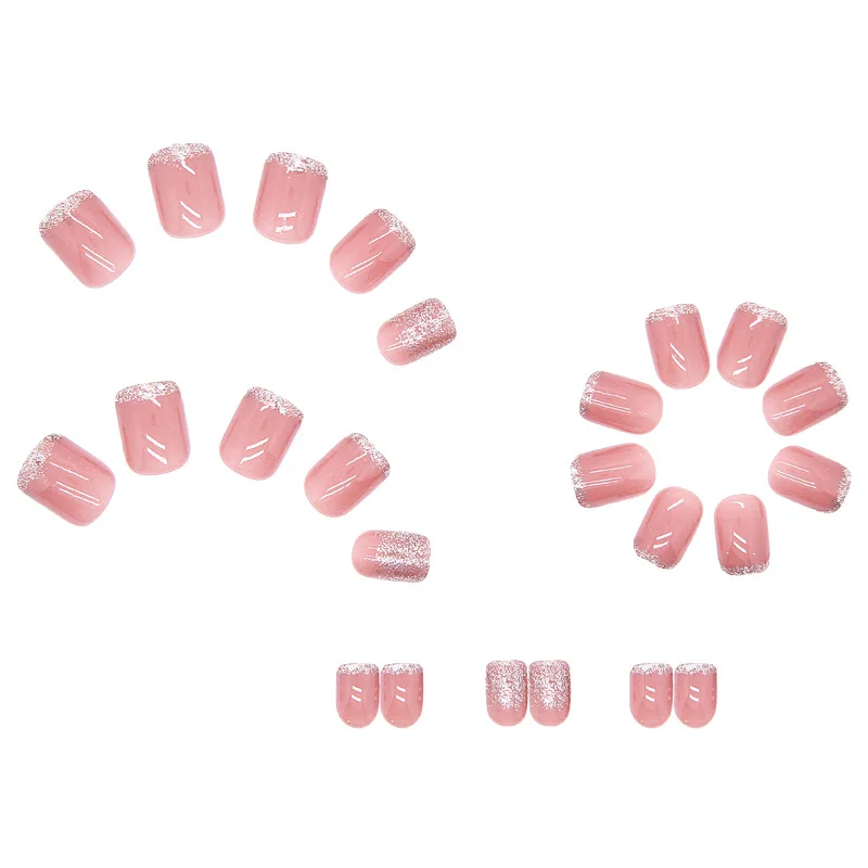 24 pièces pas cher presse artificielle sur ongles acryliques pour les filles faux ongles doux avec colle réaliste rose paillettes français faux ongles 2025