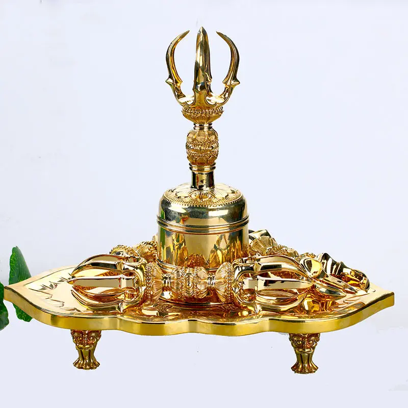 Brass Buddhist Altar Supplies Five Prong Vajra Incense Offering Cups and Vase, Decorative Object for Shrine Spaces