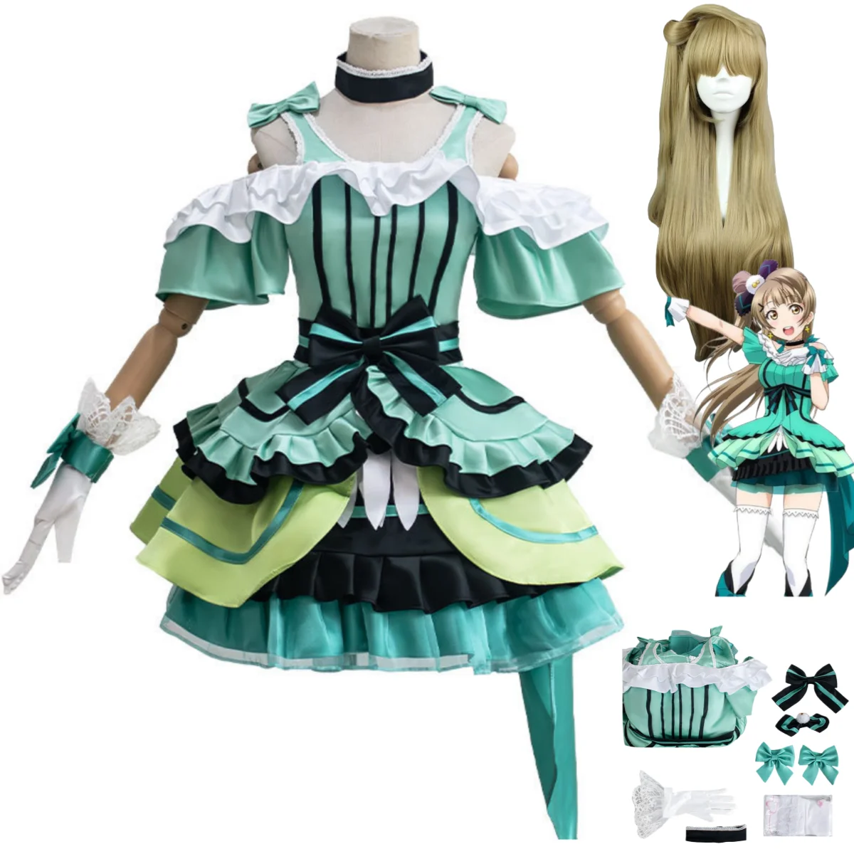 

Anime LoveLive!School Idol Project Kotori Minami Cosplay Costume Kira Kira Sensation Green Dress Wig Woman Cute Christmas Suit