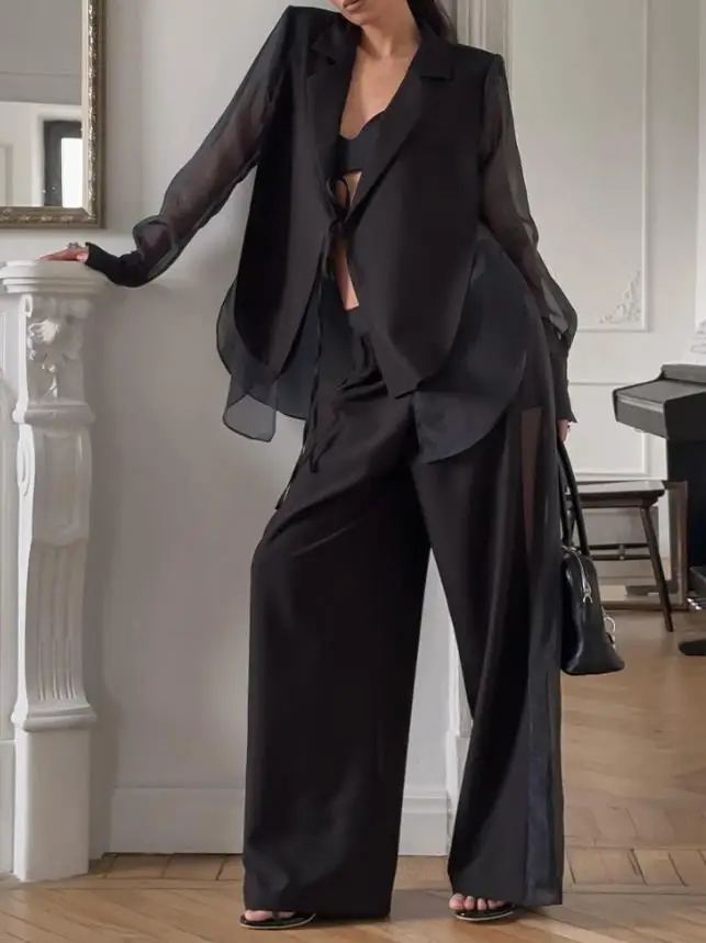 

Two Piece Set Women Outfit 2025 Spring Long Sleeve Lace Up Chiffon Patchwork Blouse Blazer & Casual Daily Wide Leg Pants Set
