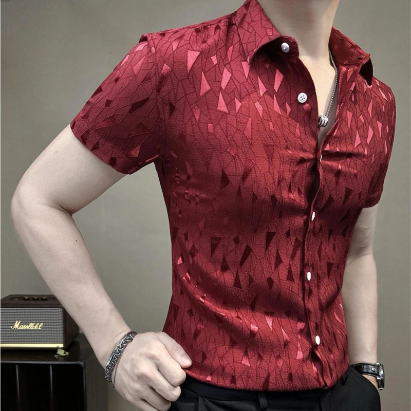 

Polygonal Checked Short-sleeved Shirt for Men's Hot New Summer Casual Slim Lapel Floral Shirt JJ24