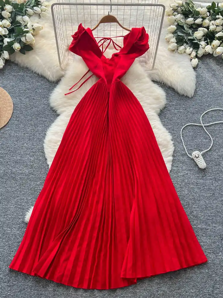 

Women Red Evening Long Dress 90s Vintage Luxury Dresses 3D Floral Off Shoulder Dresses Y2k One Piece Frocks Clothes Summer 2025