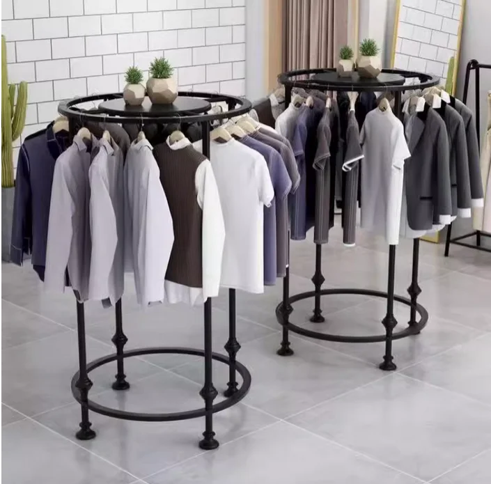 Round wrought iron hangers for clothing stores, men's and women's clothing shelves, floor standing display racks