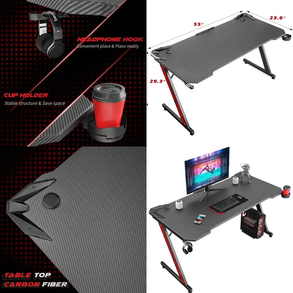 

Carbon Fiber Gaming Desk, Z-Shaped PC Desk with Cup Holder and Peg Hook, 55 Black Home Office Gaming Table