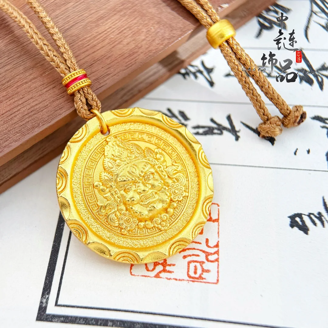 Chisel auspicious words yellow god of wealth pendant new Chinese style 9999gold