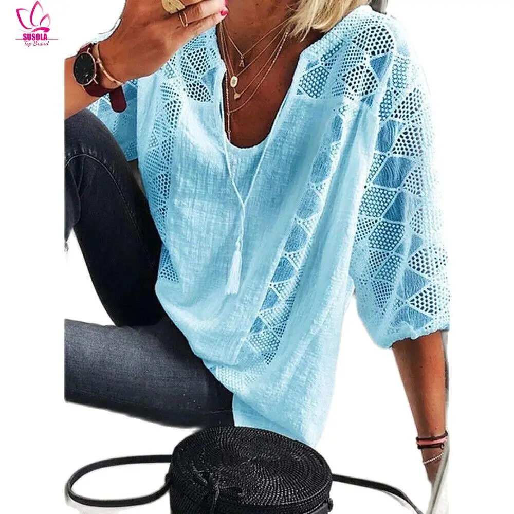 SUSOLA y2k Women's blouse 2024 Spring/Summer Cotton Lace Shirt Spliced U Neck 3/4 Sleeve Top Women's Solid Loose Blouse