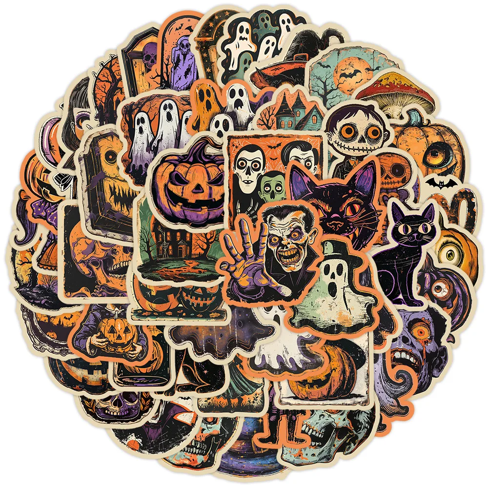Autocollants Graffiti rétro Halloween, 50/100 pièces, décoration créative, ordinateur, Skateboard, tasse d'eau, dessin animé étanche, jouets pour enfants