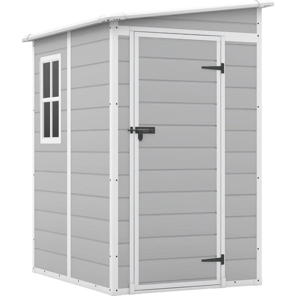 5x4 FT Outdoor Storage Shed, Resin Storage Shed with Floor & Lockable & Window Door for Patio Furniture, Garden Tools