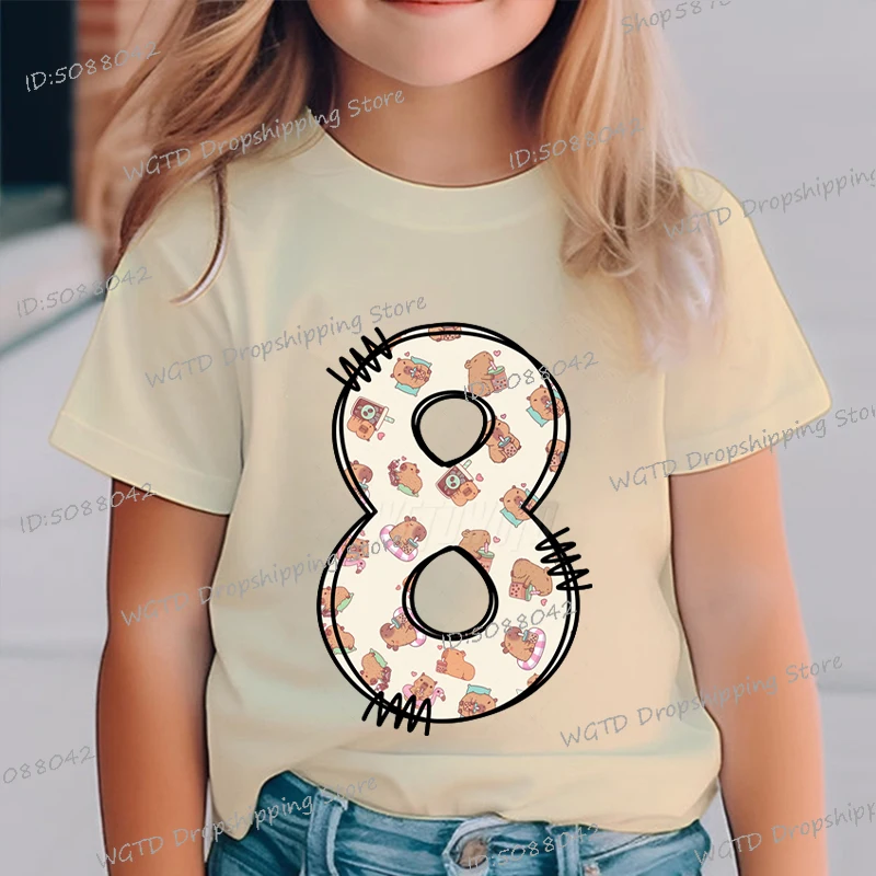 

Capybara T-shirt Birthday Number 1-9 Cartoon T Shirt Anime Manga Children's Clothing Casual Crewneck Capybara Trend Kids Y2K Top