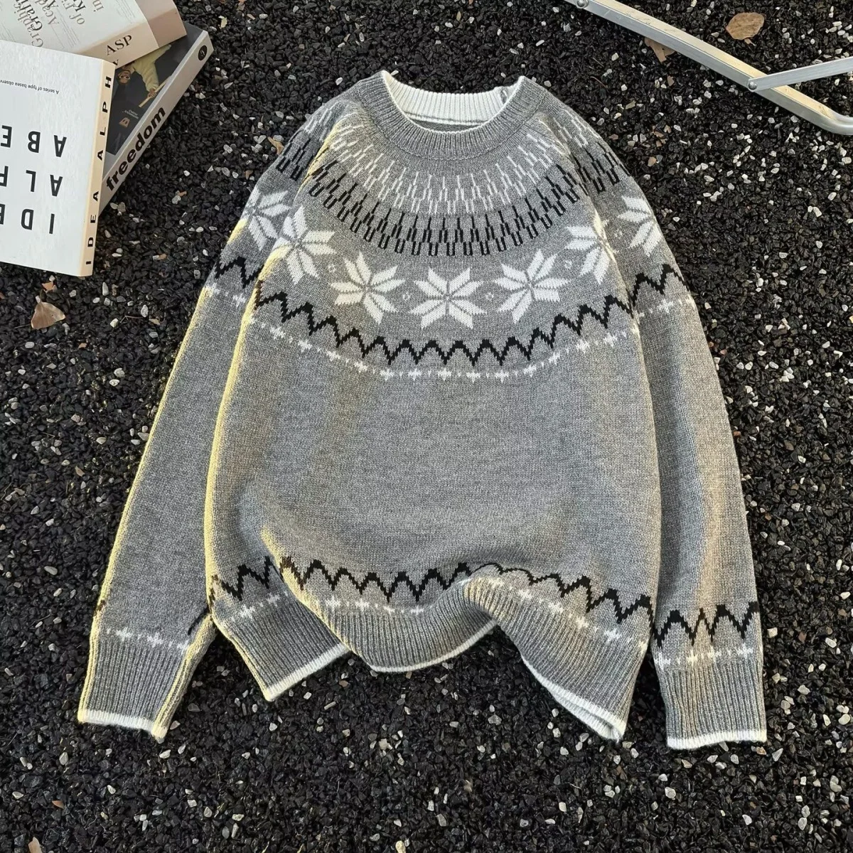 

Men's Casual Knitted Sweater Versatile Autumn Winter Faion Basic American Sle Tearable Flower Pattern Couple's Sweatirt